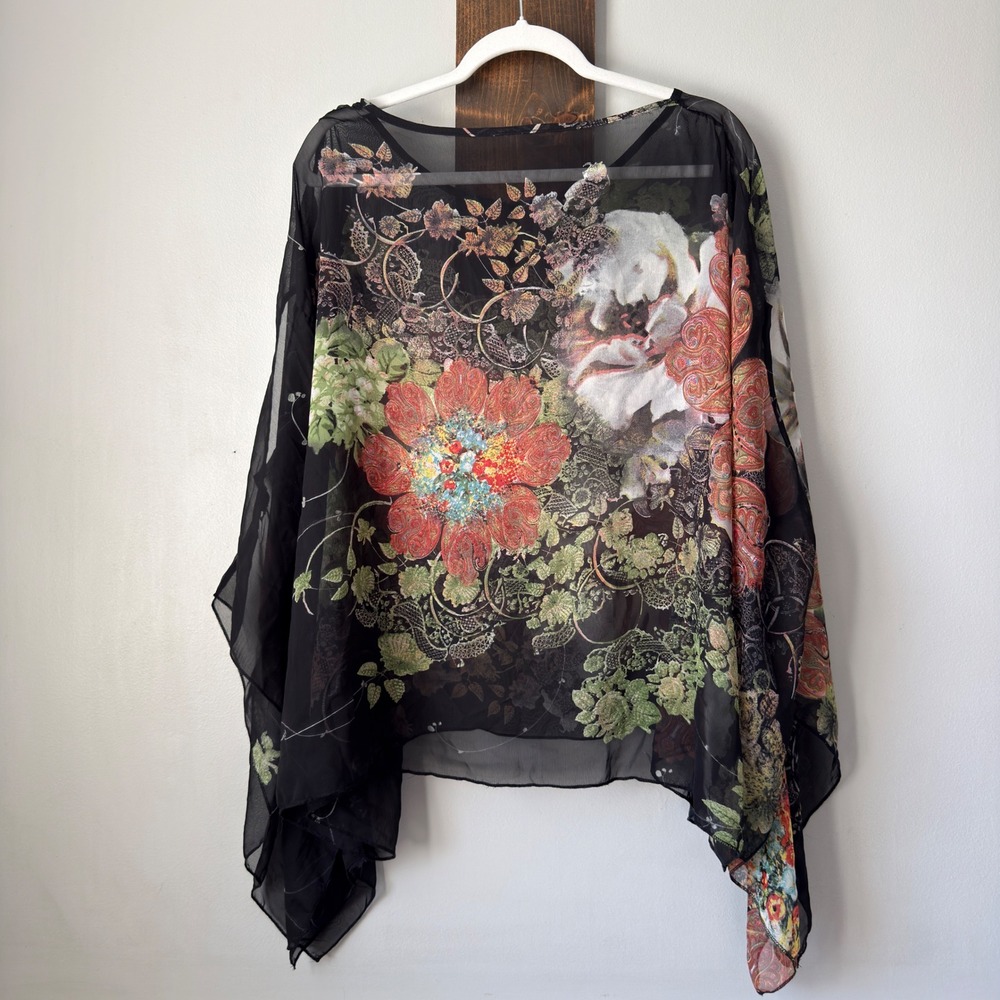 Boho Sheer Chiffon Poncho Top Womens One Size Black Floral Paisley Draped Blouse - Picture 5 of 16